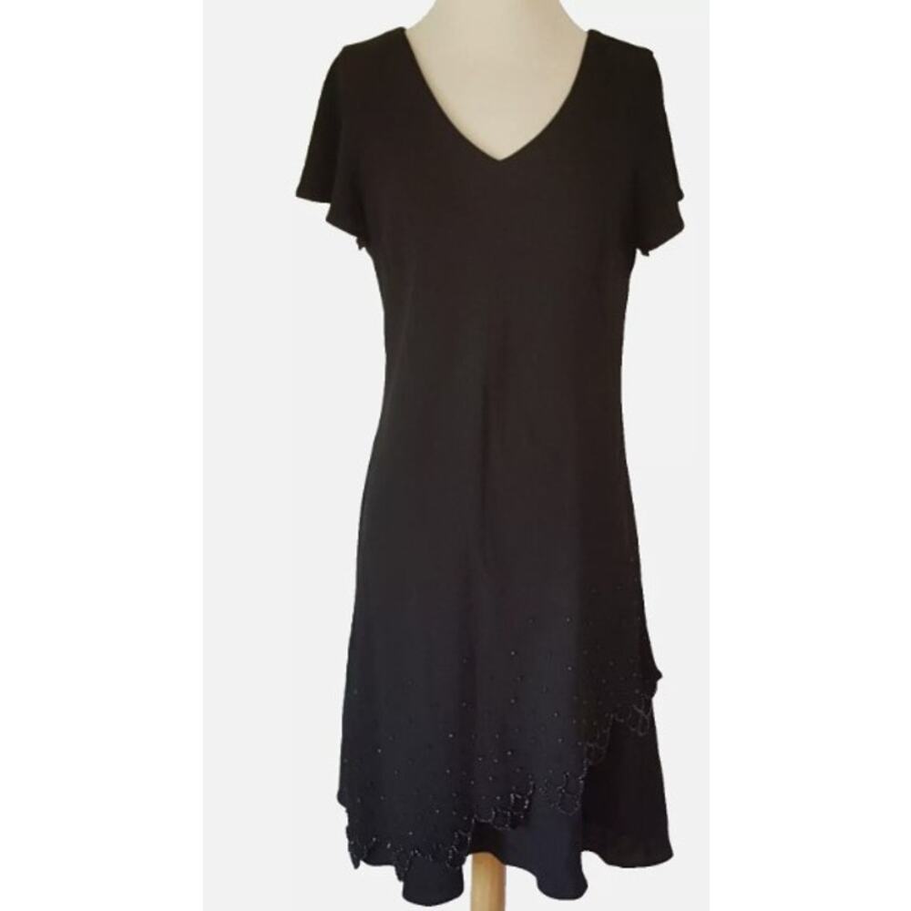 S.L. Fashions Black V-Neck Midi Dress with Scalloped Hem